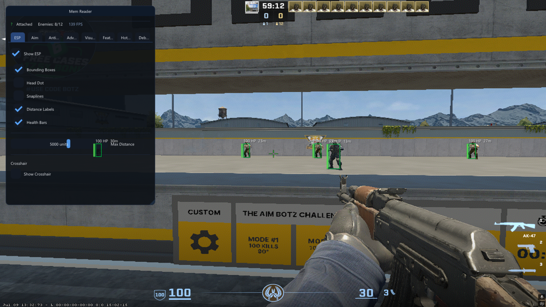 Research screenshot showing an external overlay in a CS2 practice environment